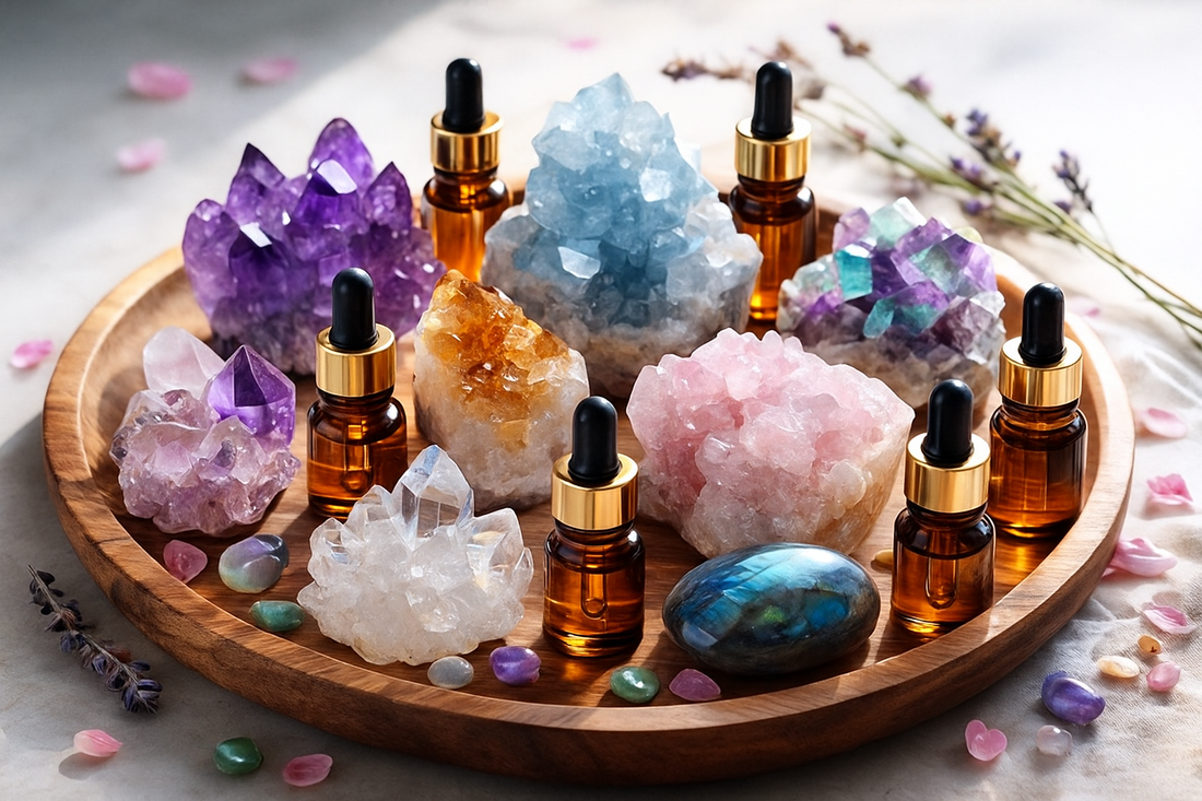crystals clusters of purple, light blue, pink & clear sitting on a round coller dish with amber glass bottles placed around & in btween the crystals. 