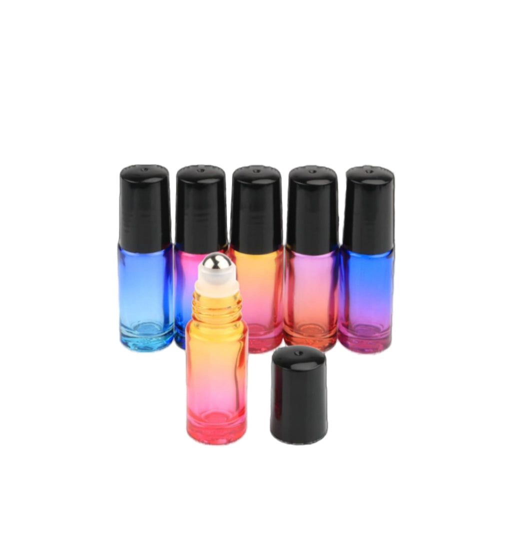 Set of 5 ml gradient glass roller bottles with black caps color varies per bottle all with stainless steel roller ball for custom blends 
