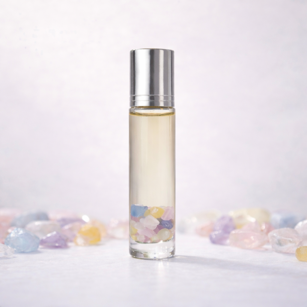 DyJest crystal-infused essential oil roller 10 ml clear with silver cap and crystals at the bottom of the bottle