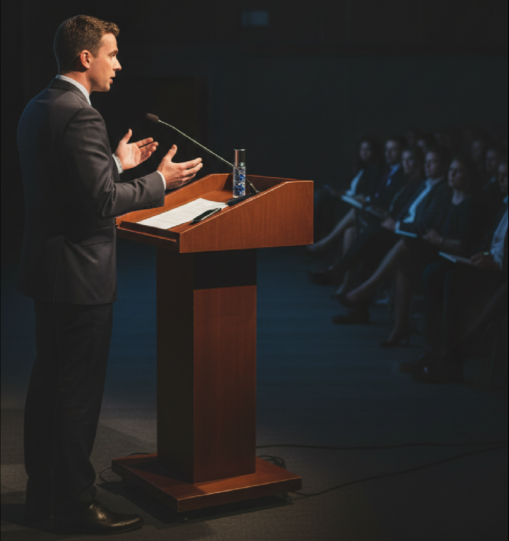 a man standing at a poteum in a suit in front of an audience giving a speech the clear glass rollerbottle blend, candorVIII sitting on poteum in front of him roller bottle infused with lapis lazuli the blend representing confidence with assertive speech, clarity in speaking your truth 