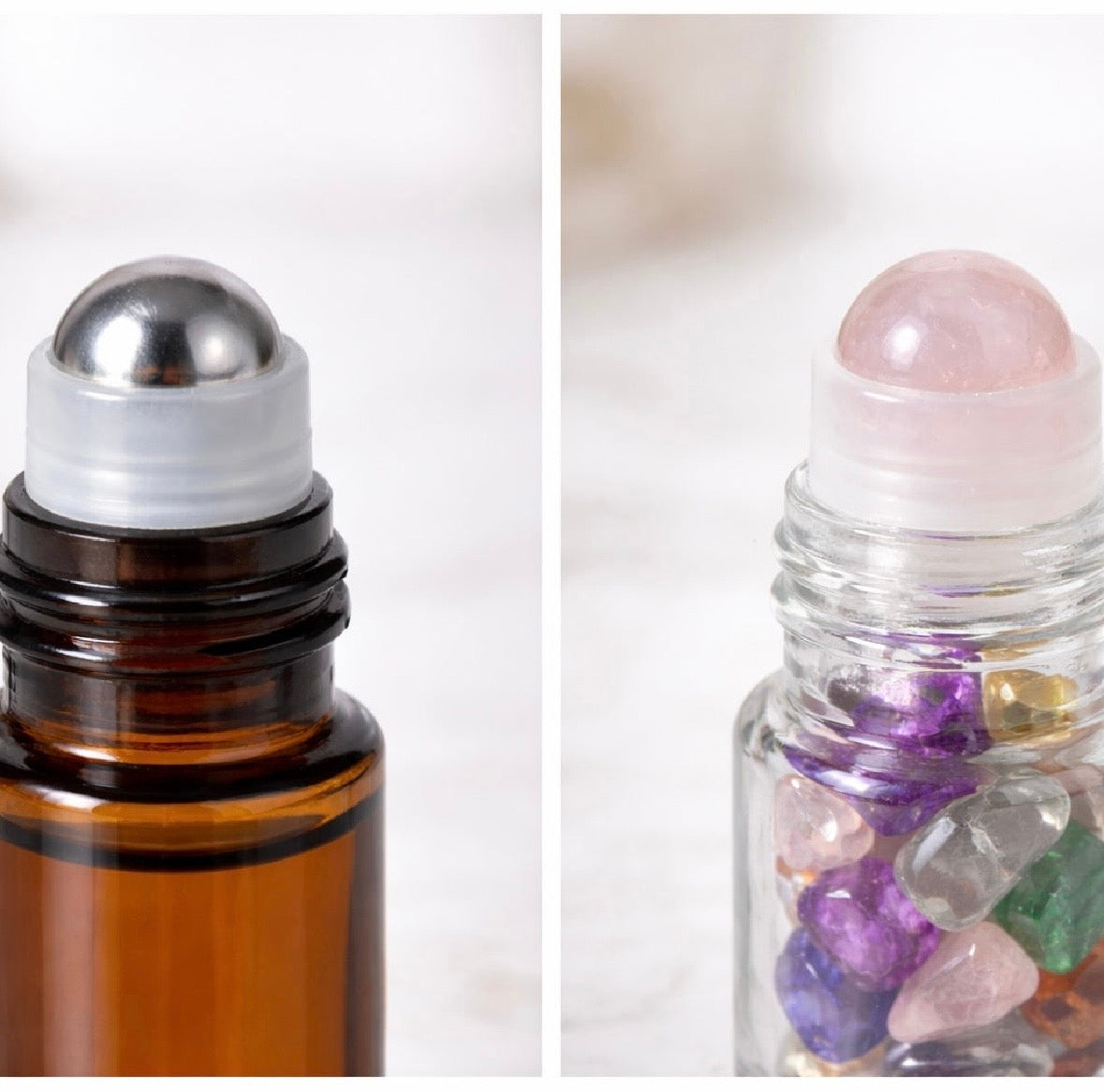 two roller balls one crystals & one stainless steel ball to compare side by side  to choose which one you want on the essential oil roller bottle 