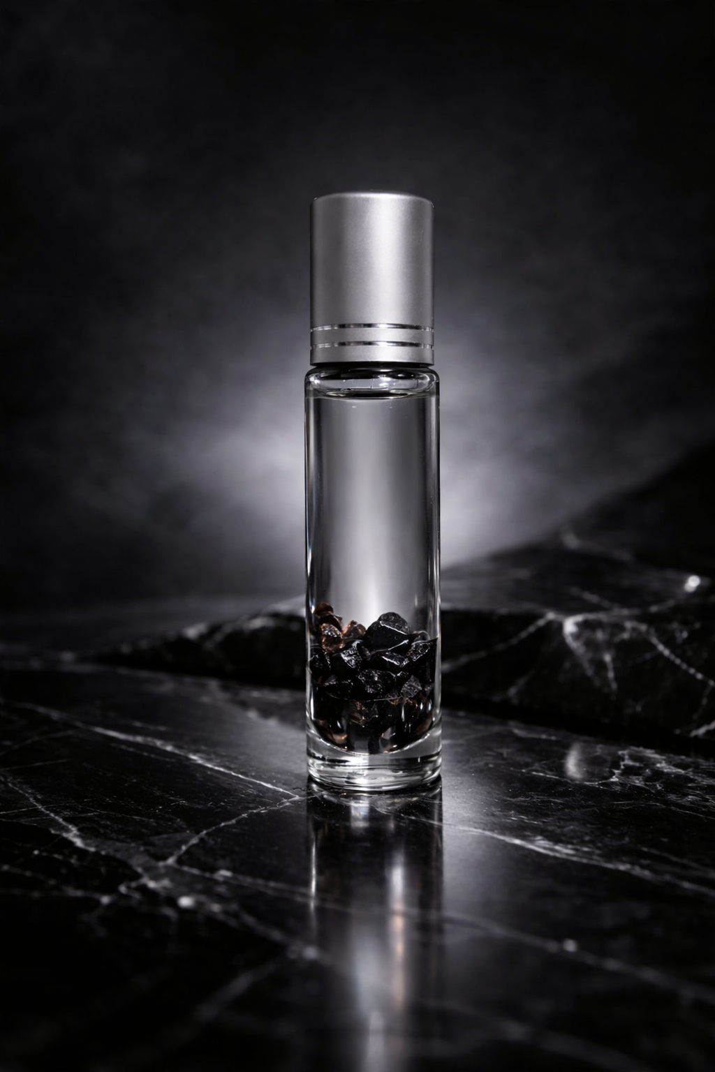 DyJest crystal-infused essential oil roller with black obsidian crystals garent & clear quartz in 10ml clear bottle with silver cap with blend quell for spider bites 