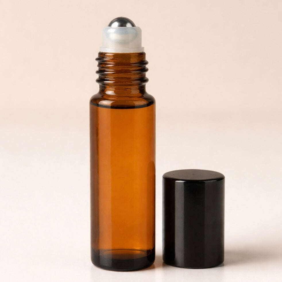10 ml amber glass essential oil roller bottle with stainless steel rollerball & black cap for Custom blends from the atelier 