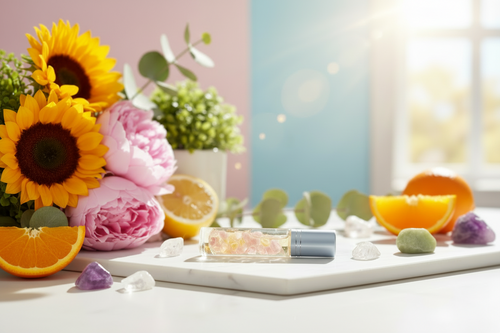 10ml clear glass rollerbottle lying on its side on a marble square surrounded by crystals, pink roses, & orange slices representing the blend that supports a positive attitude where irritiabilty dissolves & optimism sets in with citrine & rose quartz crystals inside bottle 