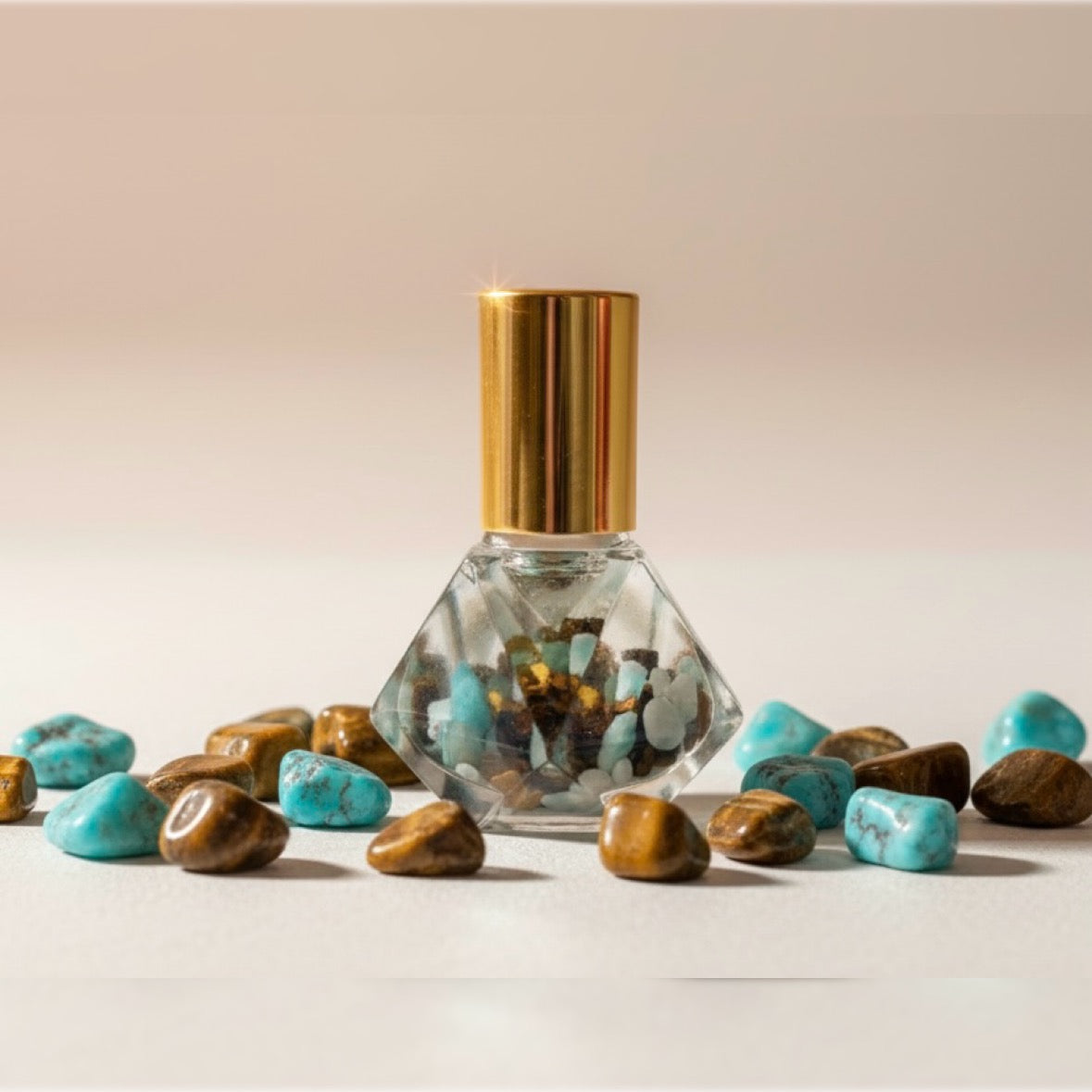 5ml clear diamond cut glass bottle with gold cap representing the blend lucid also infused with amazonite & tigers eye inside bottle with the crystals also spread around roller bottle 