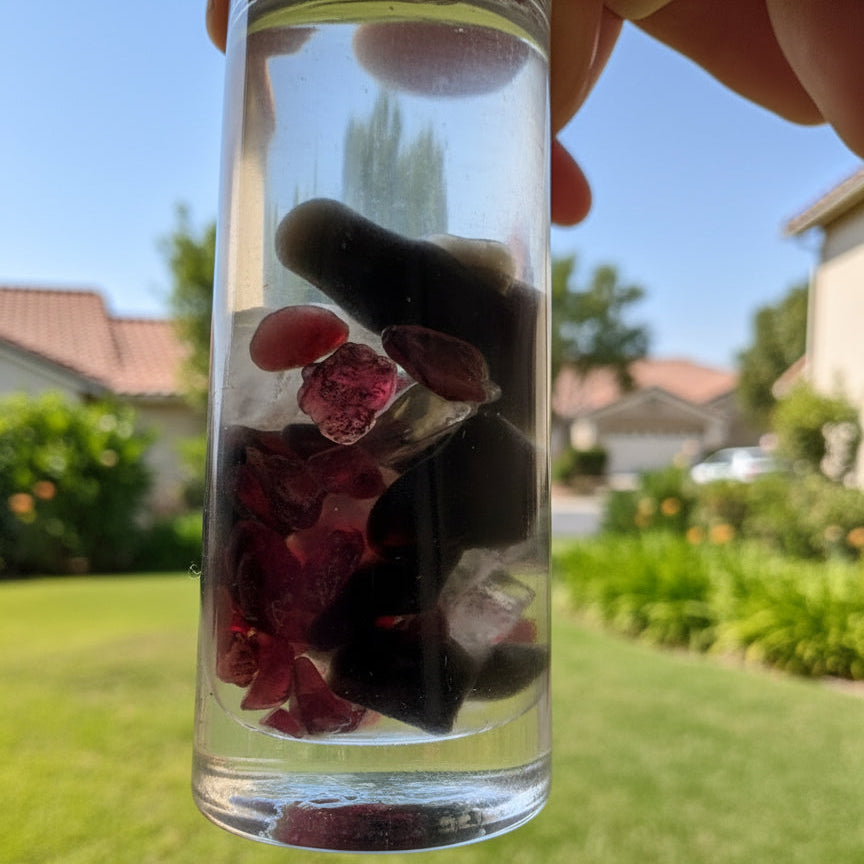 a close up of a clear glass roller bottle showing each crystals used in the blend quell that is made to support bug bite relief 