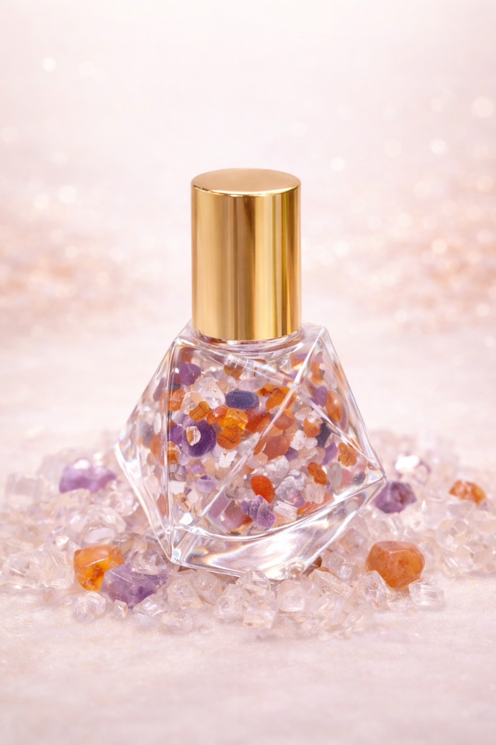5ml clear diamond cut glass roller bottle representing the blend impetus which supports motivation & drive infised with amethyst, red agate & clear quartz inside the roller bottl