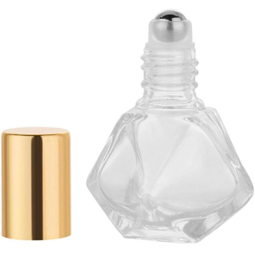 5ml clear diamond cut glass roller bottle with stainless steel rollerball & gold cap 