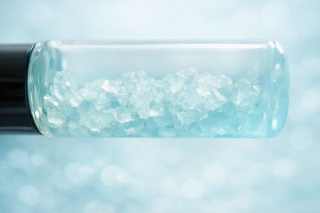 aquamarine crystals inside a glass bottle up close 
