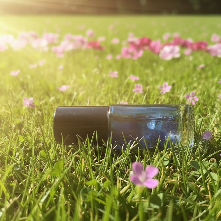 5ml blue gradient glass roller bottle lying down in grass with flowers representing solace III a blend to encourage a calm atmosphere & balancing angry emotions the blend is infused with amethyst & rose quartz crystals 