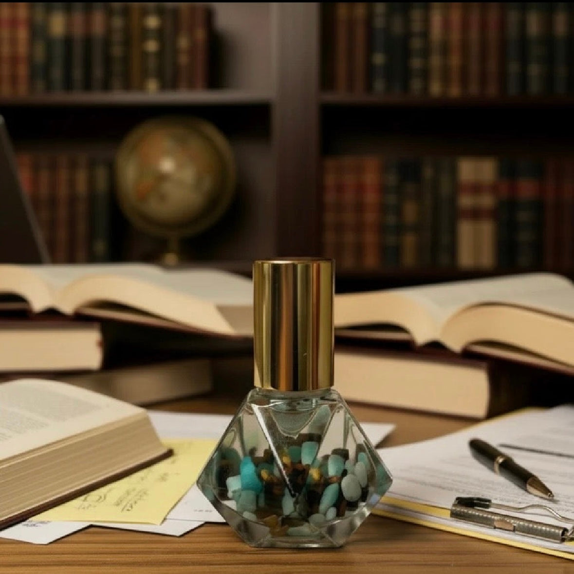 5ml clear diamond cut glass roller bottle with gold cap on top of a work desk with papers & pen & books representing the blend lucid V for focus & clarity infused with amzonite & tigers eye inside roller bottle 