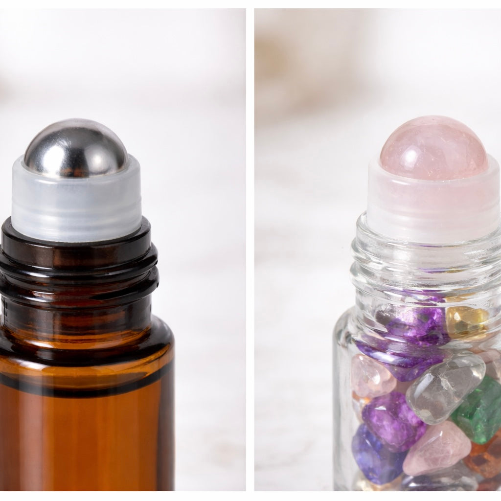 Comparison of metal rollerball & crystal rollerball essential oil bottles  metal Rollerball (cooling, smooth application) vs Crystal Rollerball (energetic, intention-focused) 
