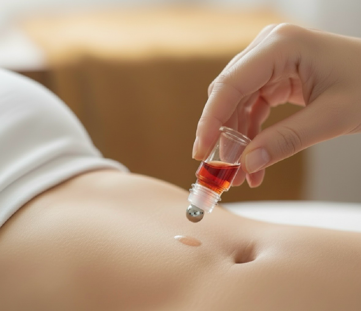 hand applying roller bottle to stomach 